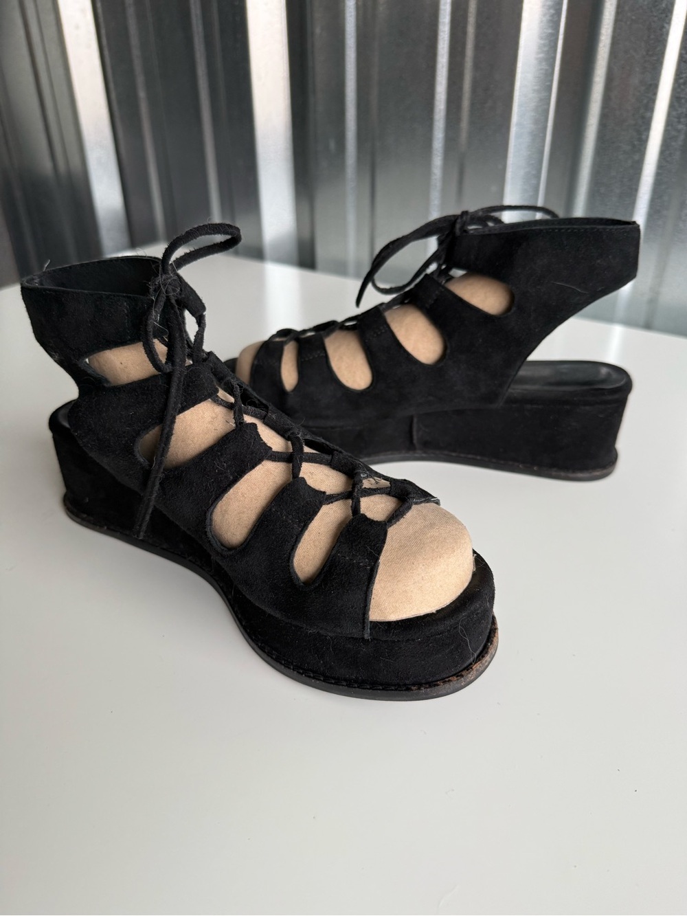 Jeffrey Campbell Black Suede Lace-Up Platform Gladiator Sandals – Size 8